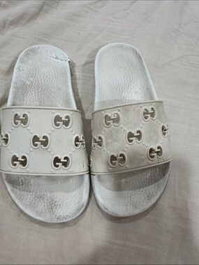 Gucci White GG Embossed Slide Sandals